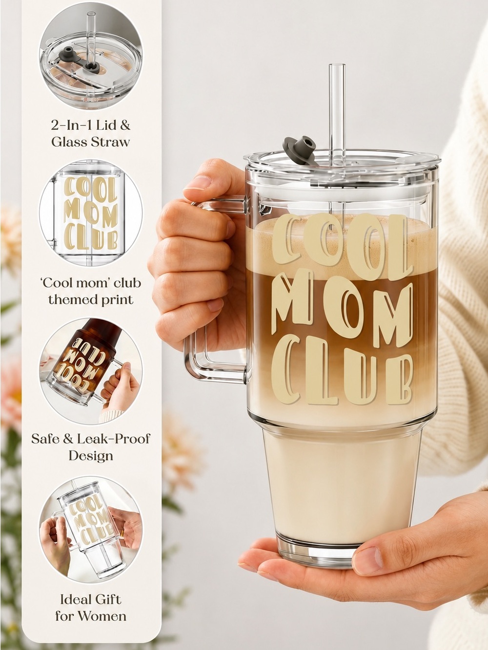 Clear Glass 24oz Glass Tumbler with Leakproof Lid & Straw